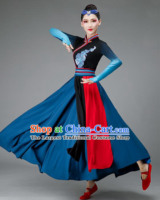 Chinese Mongolia Dance Costume Ethnic Dance Dark Blue Dress Women Group Dance Clothing Opening Dance Outfit