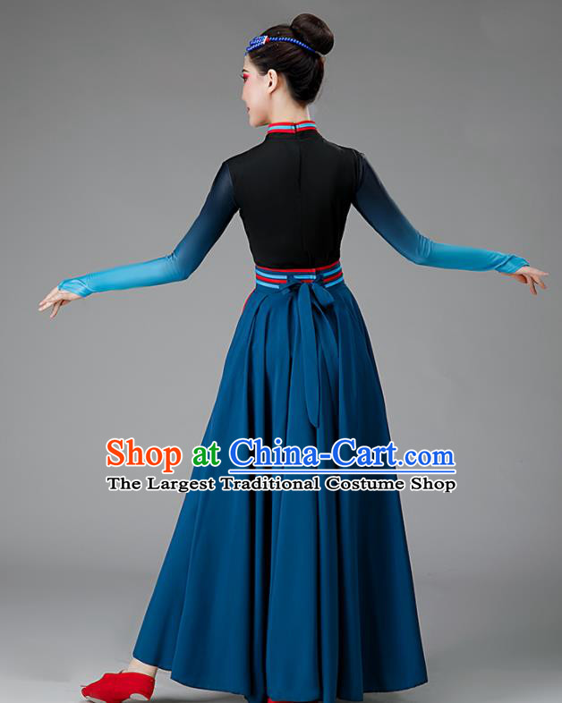 Chinese Mongolia Dance Costume Ethnic Dance Dark Blue Dress Women Group Dance Clothing Opening Dance Outfit