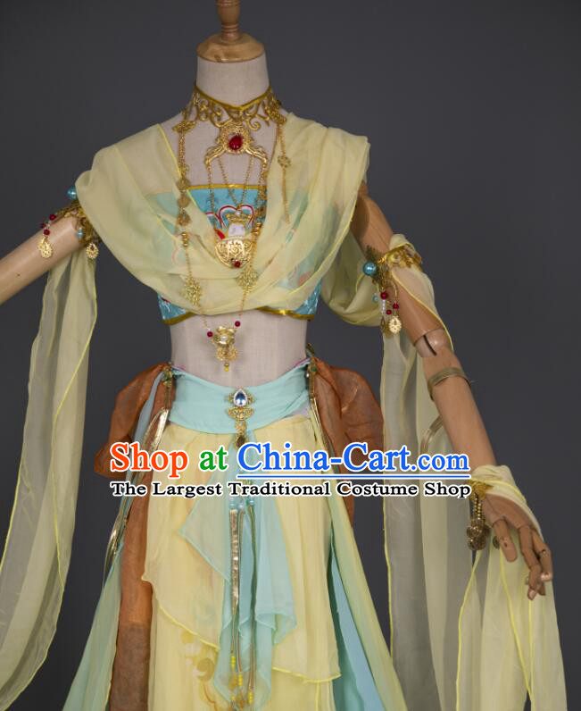 Chinese Handmade Dunhuang Dance Costume Dun Huang Flying Apsaras Dance Yellow Chiffon Dress Classical Dance Clothing