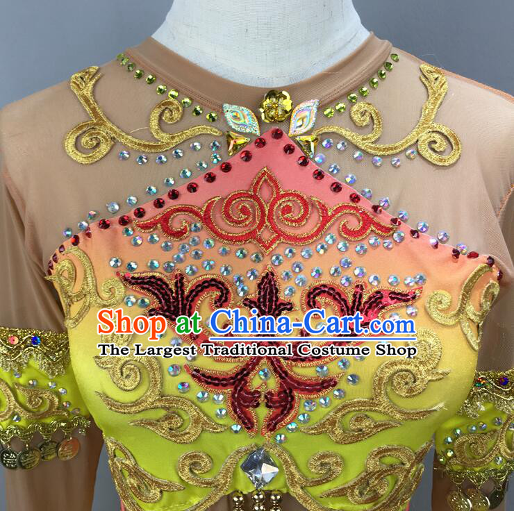Chinese Classical Dance Clothing Handmade Goddess Dance Costume Dun Huang Flying Apsaras Dance Yellow Dress and Headpiece