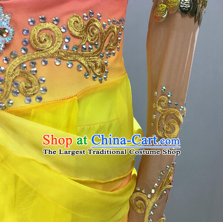 Chinese Classical Dance Clothing Handmade Goddess Dance Costume Dun Huang Flying Apsaras Dance Yellow Dress and Headpiece