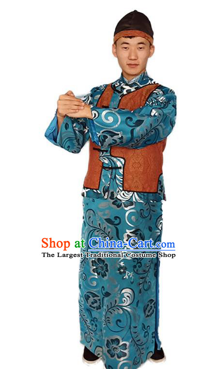 Chinese Qing Dynasty Childe Clothing Ancient Merchant Garment Costumes Traditional Young Master Blue Outfit