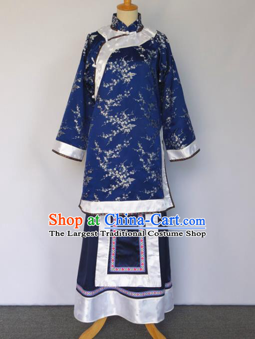 Chinese Ancient Rich Mistress Clothing Late Qing Dynasty Garment Costumes Traditional Noble Woman Dark Blue Outfit