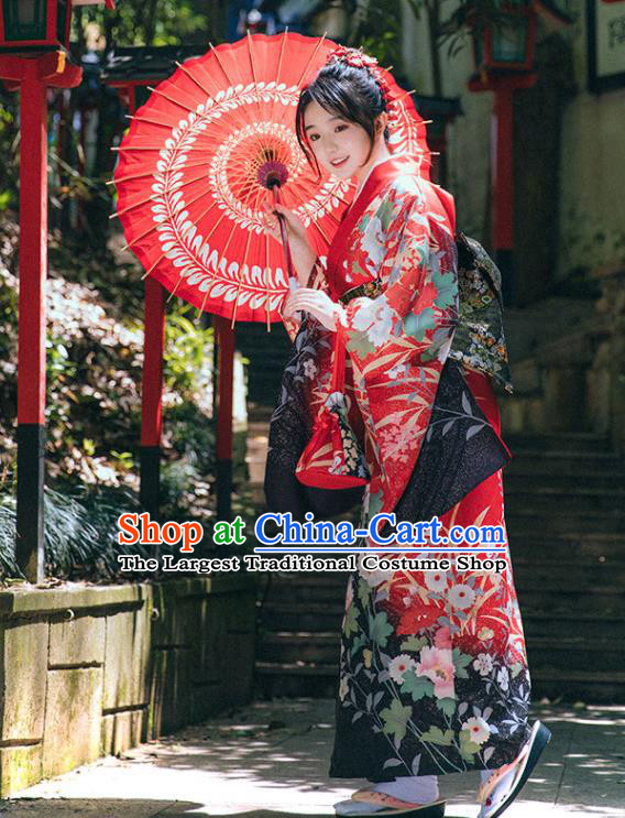 Japanese Summer Festival Sakura Yukata Dress Traditional Garment Japan Red Furisode Kimono