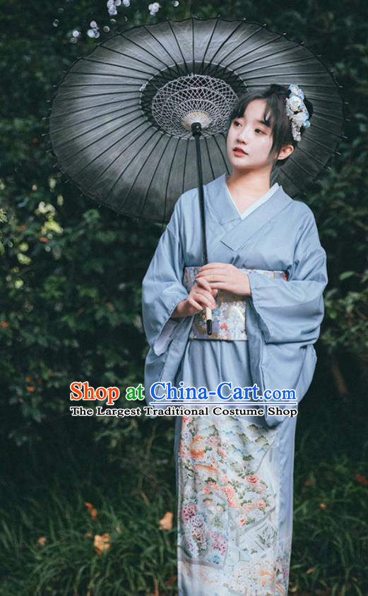 Japan Traditional Summer Festival Yukata Dress Japanese Young Lady Garment Printing Blue Kimono