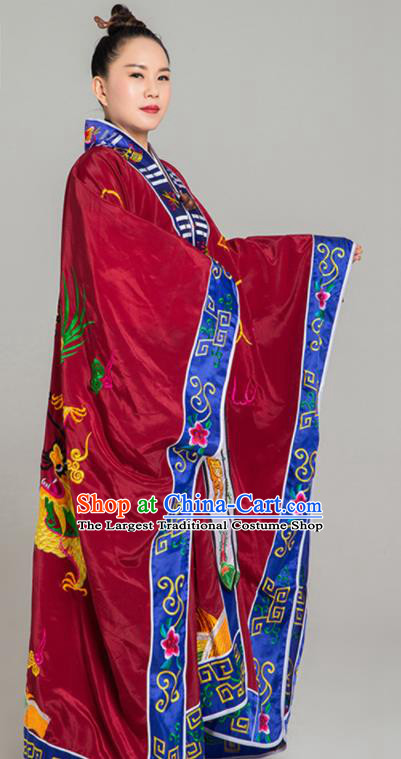 Handmade Taoist Ecclesiastical Costume Top Embroidered Dragon Priest Frock Chinese Traditional Taoism Dark Red Silk Garment