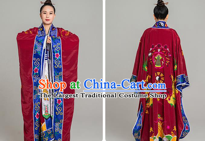 Handmade Taoist Ecclesiastical Costume Top Embroidered Dragon Priest Frock Chinese Traditional Taoism Dark Red Silk Garment