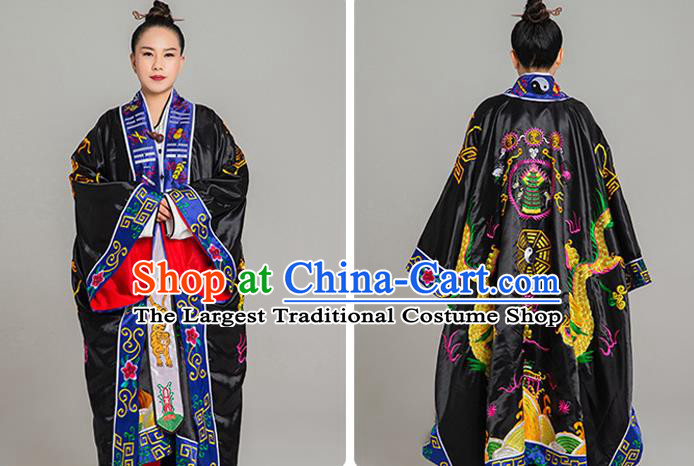 Chinese Handmade Taoist Robe Embroidered Dragon Priest Frock Traditional Taoism Black Silk Garment Costume