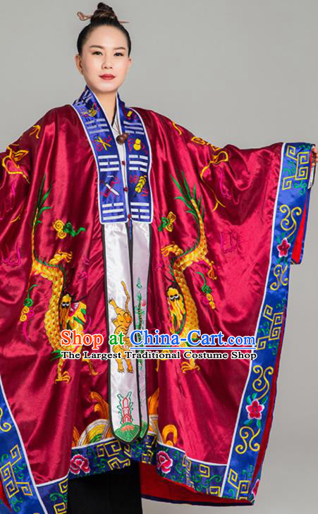 Chinese Traditional Taoism Wine Red Silk Garment Costume Handmade Taoist Robe Embroidered Dragon Priest Frock