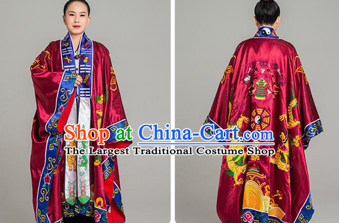 Chinese Traditional Taoism Wine Red Silk Garment Costume Handmade Taoist Robe Embroidered Dragon Priest Frock