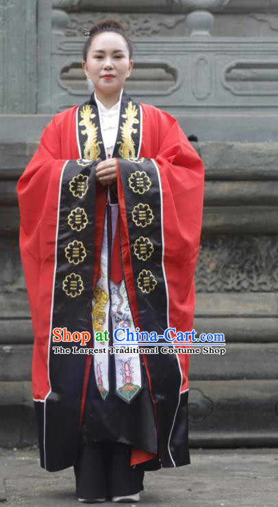 Chinese Handmade Silk Taoist Robe Embroidered Dragon Red Robe Traditional Taoism Priest Frock