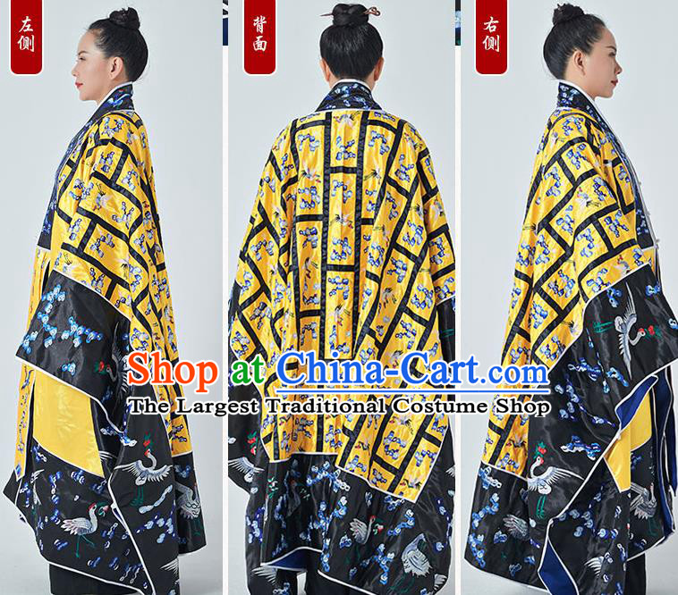 Chinese Traditional Wudang Taoism Priest Frock Handmade Yellow Silk Taoist Robe Embroidered Plum Cranes Robe Garment