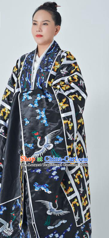 Chinese Embroidered Plum Cranes Robe Priest Garment Traditional Mount Wudang Taoism Frock Handmade Black Silk Taoist Robe