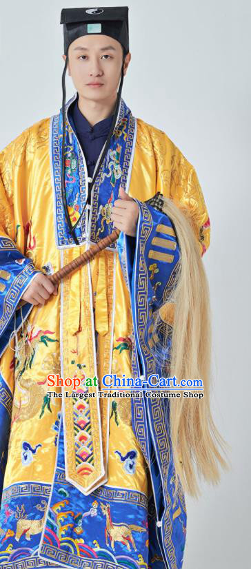 Chinese Traditional Priest Frock Taoism Garment Handmade Taoist Master Robe Embroidered Dragons Yellow Silk Robe