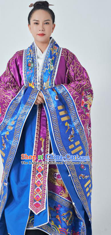 Chinese Embroidered Dragons Purple Silk Robe Traditional Priest Frock Taoism San Qing Garment Handmade Taoist Master Robe