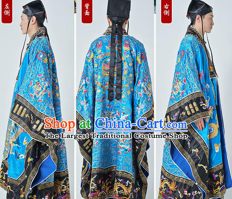 Chinese Handmade Taoist Master Robe Embroidered Dragons Blue Silk Robe Traditional Priest Frock Taoism San Qing Garment