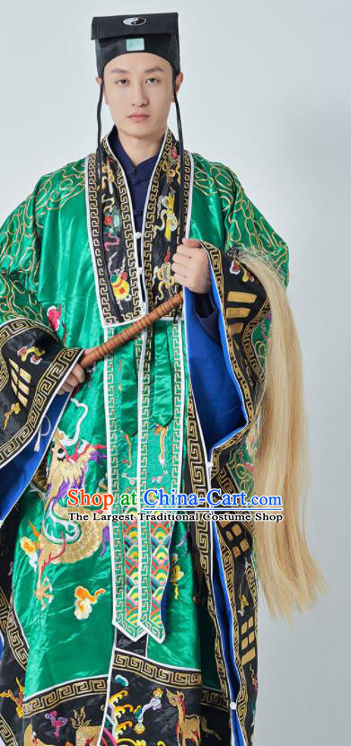 Chinese Taoism San Qing Garment Handmade Taoist Master Robe Embroidered Dragons Green Silk Robe Traditional Priest Frock