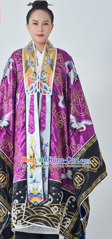 Chinese Embroidered Crane Purple Silk Robe Traditional Priest Frock Taoism Ritual San Qing Garment Handmade Taoist Master Costume