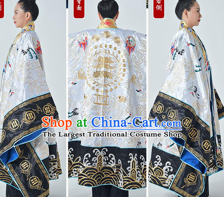 Chinese Taoism Ritual Priest Frock San Qing Garment Handmade Taoist Master Costume Embroidered Crane White Silk Robe