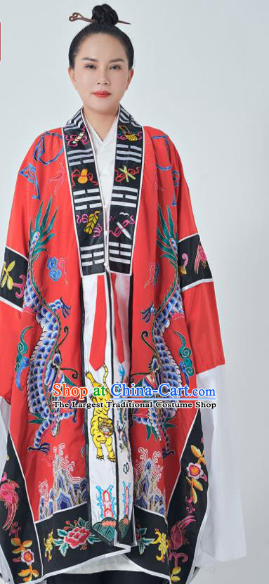 Chinese San Qing Garment Maoshan Taoist Master Costume Traditional Embroidered Dragon Red Robe Taoism Ritual Priest Frock