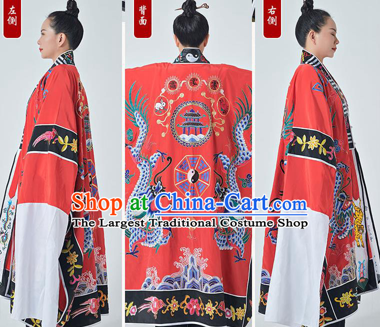 Chinese San Qing Garment Maoshan Taoist Master Costume Traditional Embroidered Dragon Red Robe Taoism Ritual Priest Frock