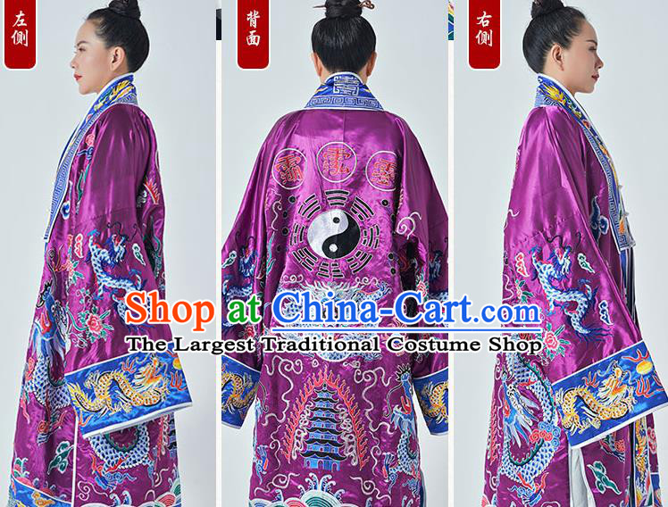 Chinese Embroidered Dragon Purple Silk Robe Daoism Priest Frock Traditional Taoism Master Garment Wudang Taoist Costume