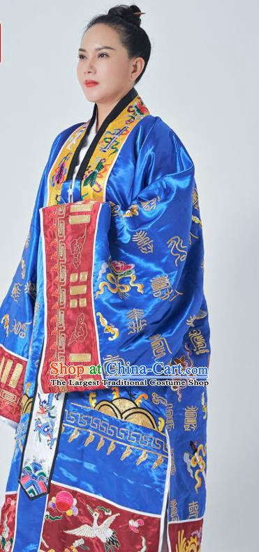 Chinese Wudang Taoist Priest Costume Embroidered Crane Deep Blue Silk Robe Traditional Daoism Frock Taoism Master Garment