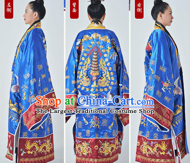 Chinese Wudang Taoist Priest Costume Embroidered Crane Deep Blue Silk Robe Traditional Daoism Frock Taoism Master Garment