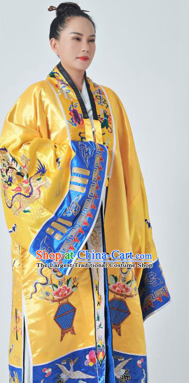 Chinese Taoism Master Garment Wudang Taoist Priest Costume Embroidered Yellow Silk Robe Traditional Daoism Scriptures Frock