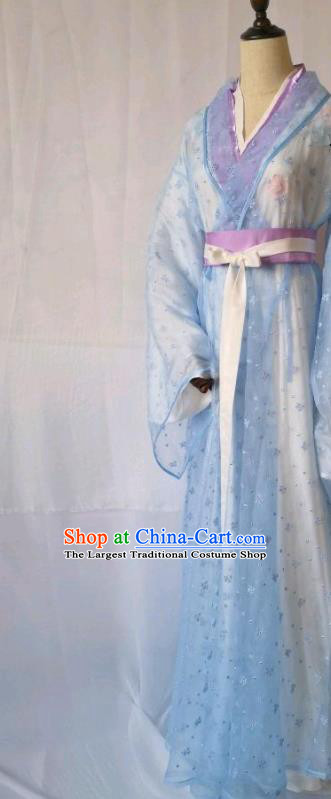 Chinese Wuxia TV Series The Demi Gods Semi Devils Wang Yuyan Garment Costumes Ancient Noble Lady Blue Dress Clothing