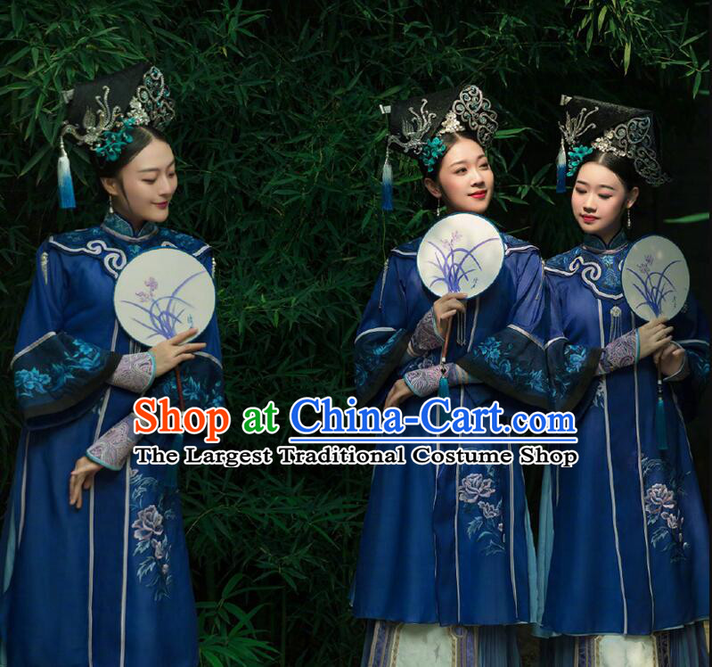 Traditional Qing Dynasty Palace Dance Dress Chinese Ancient Empress Blue Costumes