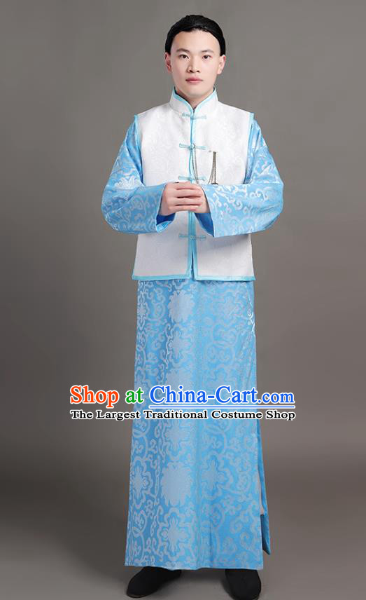 Chinese Traditional Costumes Qing Dynasty Childe Garments Ancient Landlord Blue Clothing