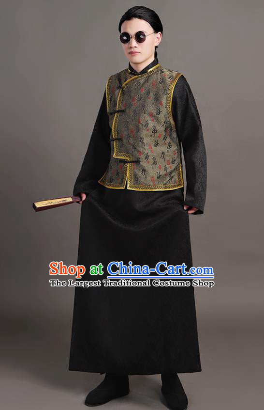 Chinese Qing Dynasty Young Man Garments Ancient Childe Black Clothing Traditional Costumes