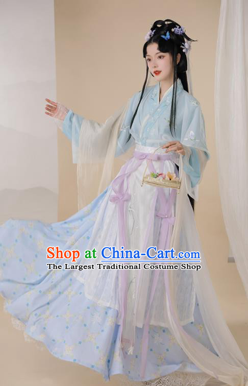 Chinese Jin Dynasty Garment Costumes Ancient Palace Princess Clothing Traditional Embroidered Blue Hanfu Dress
