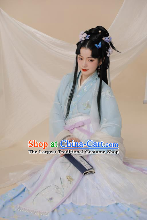 Chinese Jin Dynasty Garment Costumes Ancient Palace Princess Clothing Traditional Embroidered Blue Hanfu Dress