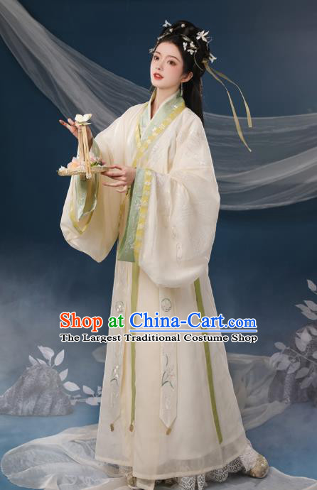Chinese Ancient Palace Princess Clothing Traditional Embroidered Beige Hanfu Dress Eastern Han Dynasty Garment Costumes