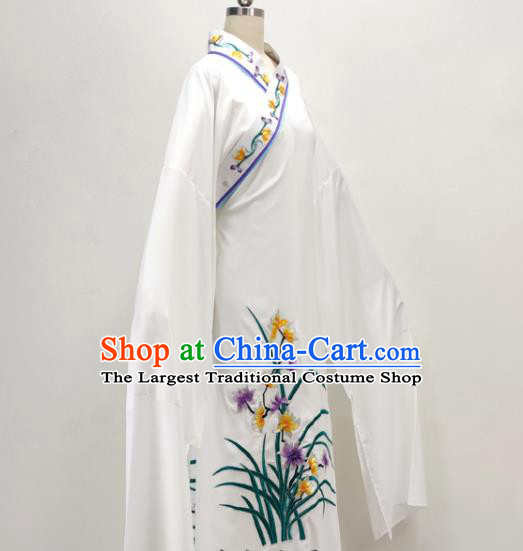 Chinese Beijing Opera Xiaosheng Embroidered Orchids White Robe Shaoxing Opera Scholar Clothing Ancient Childe Costume