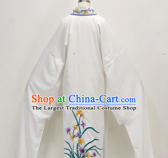 Chinese Beijing Opera Xiaosheng Embroidered Orchids White Robe Shaoxing Opera Scholar Clothing Ancient Childe Costume