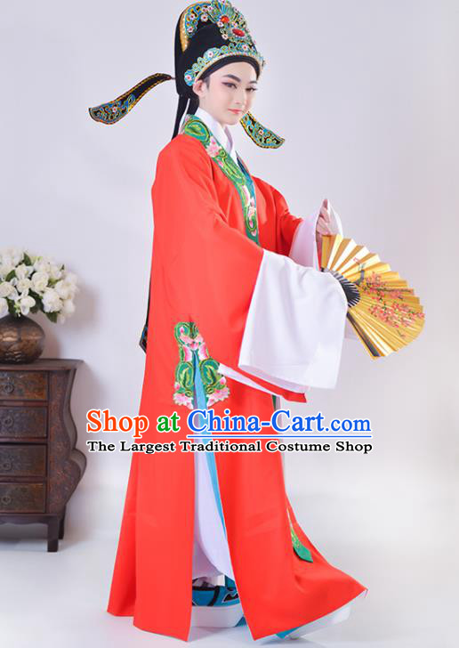 Chinese Shaoxing Opera Childe Clothing Ancient Scholar Zhao Sheng Costume Beijing Opera Young Male Red Cape