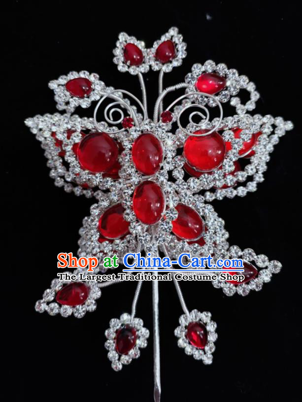 Chinese Beijing Opera Actress Red Gems Headpiece Ancient Empress Crystal Butterfly Hair Pin Peking Opera Hua Tan Hair Jewelry