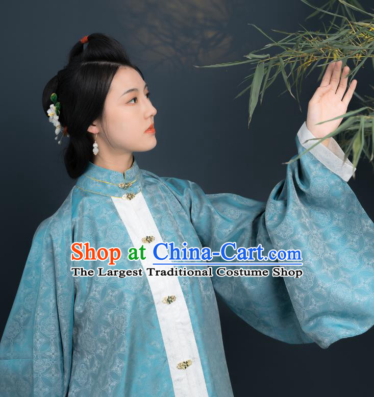 Chinese Ancient Noble Woman Blur Blouse and White Brocade Skirt Ming Dynasty Historical Costume