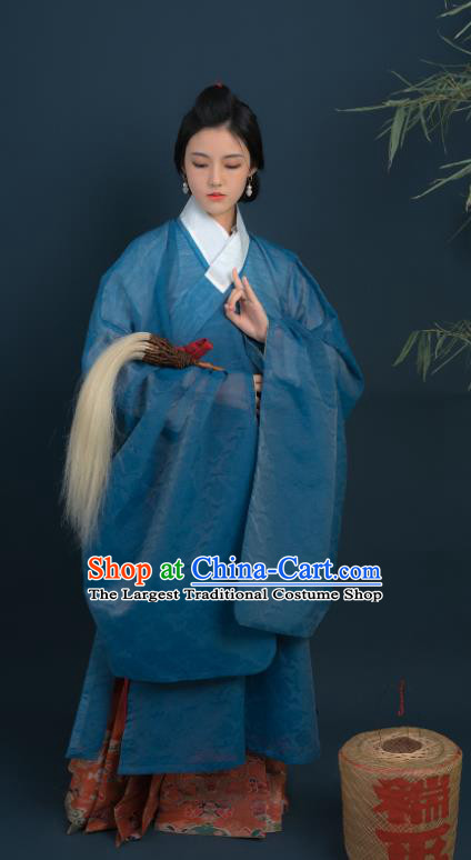 Chinese Ming Dynasty Historical Costume Ancient Noble Woman Blue Silk Long Gown
