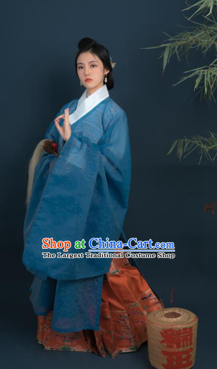 Chinese Ming Dynasty Historical Costume Ancient Noble Woman Blue Silk Long Gown
