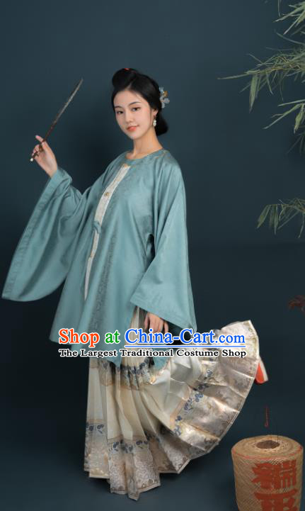 Chinese Ancient Noble Mistress Blue Silk Blouse and White Skirt Ming Dynasty Historical Costume Complete Set