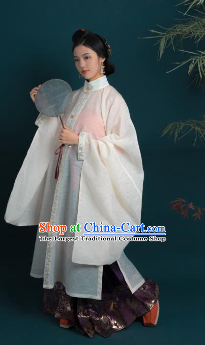 Chinese Ming Dynasty Noble Woman Historical Costume Ancient Fairlady Beige Long Gown and Purple Skirt Complete Set