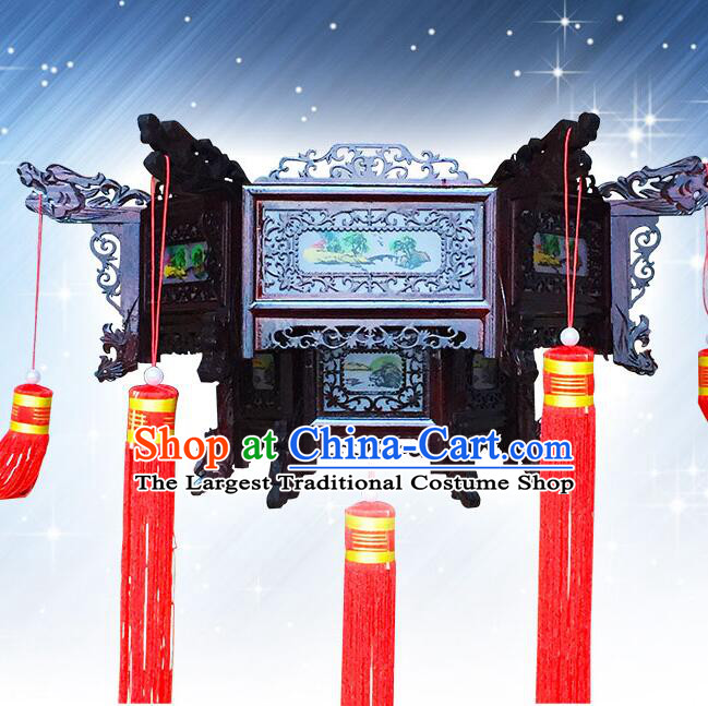 Chinese Landscape Painting Palace Lantern Handmade Rosewood Lantern Traditional Ceiling Lamp