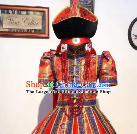 Chinese Folk Dance Costume Mongol Nationality Garment Children Dance Mongolian Red Dress