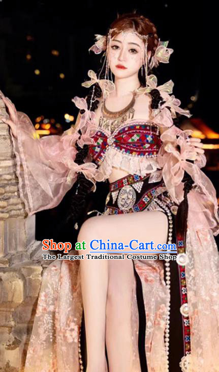 Chinese Va Nationality Costume Belly Dance Garment Folk Dance Clothing