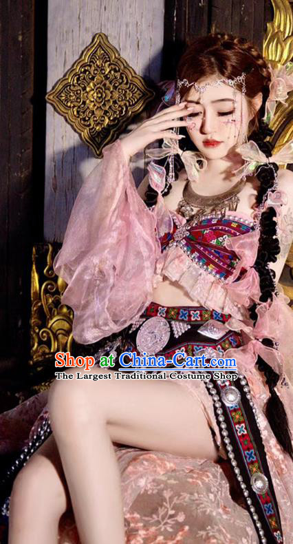 Chinese Va Nationality Costume Belly Dance Garment Folk Dance Clothing