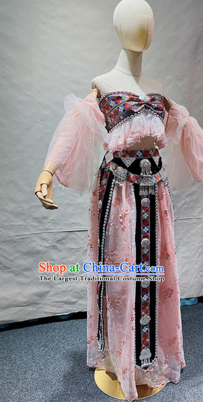 Chinese Va Nationality Costume Belly Dance Garment Folk Dance Clothing